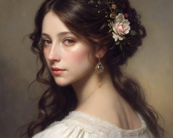 Portrait of a Woman with Floral Hair and Earrings