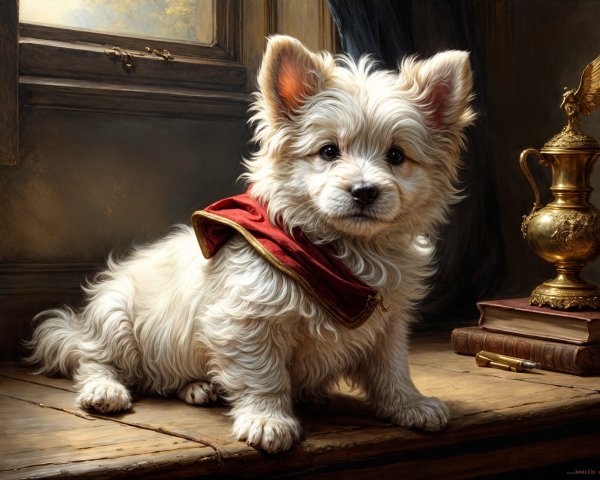 Fluffy White Dog with Red Cape on Wooden Table