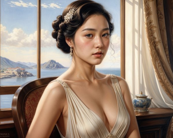 Young woman in elegant attire by seaside window