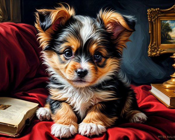 Fluffy Tricolor Puppy on Red Fabric with Book and Object