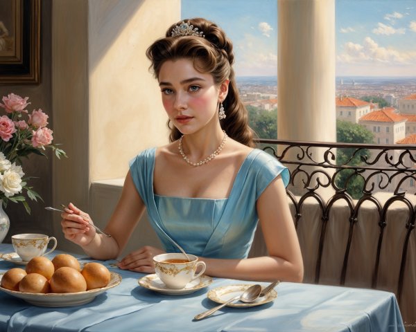 Elegant Room with Young Woman in Blue Gown and Tea Set