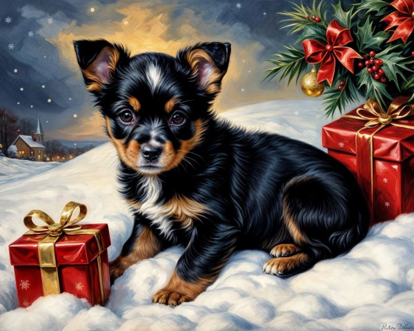 Black and tan puppy in snowy festive village scene