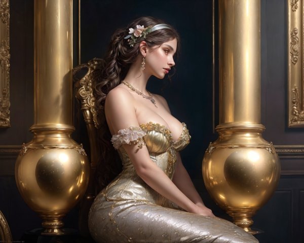 Regal woman in golden dress with floral hair accessories beside ornate pillars