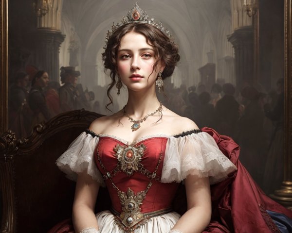 Regal woman in red and gold gown with tiara in courtly setting.