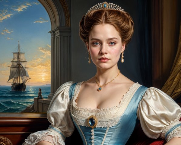 Elegant Woman in Historical Gown by Seascape Sunset