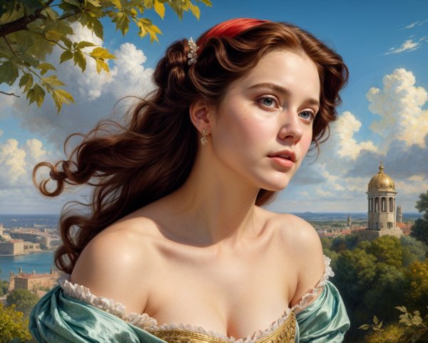 Young woman in elegant gown against serene landscape