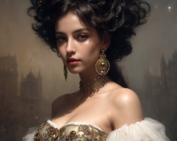 Elaborate Vintage Jewelry Woman in White and Gold Gown