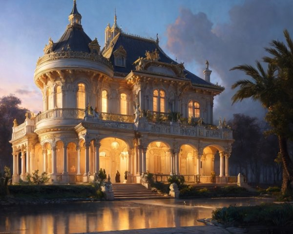 Ornate Grand Mansion Surrounded by Lush Greenery