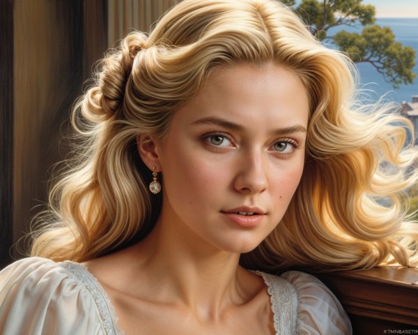 Young Woman Gazing from Sunlit Window with Coastal View