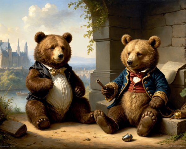 Charming Bears in Elegant Attire with Fantasy Landscape