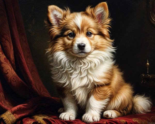 Fluffy Puppy on Luxurious Red Draped Surface