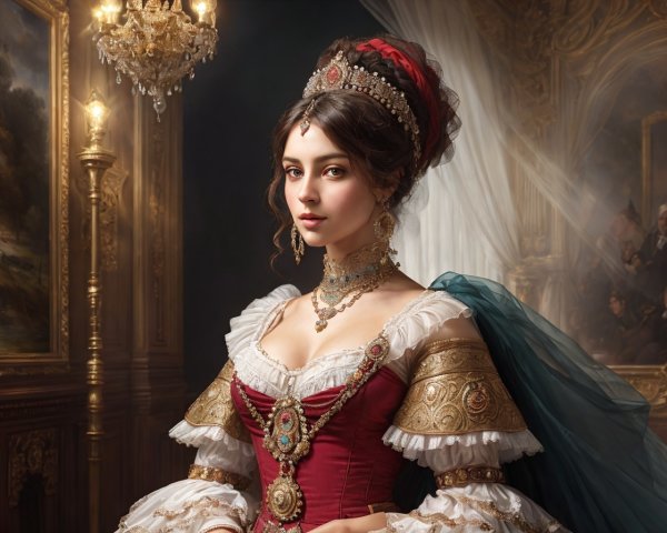 Elegant woman in period dress with crown and jewels in luxurious room