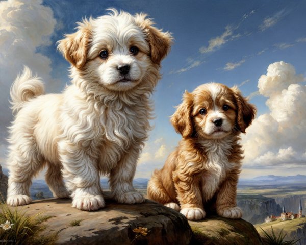 Fluffy Puppies on Rocky Ledge Under Blue Sky