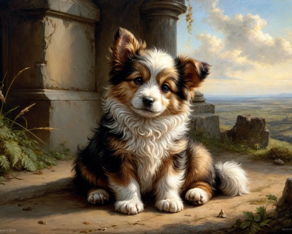 Corgi Puppy on Stone Ledge in Scenic Landscape