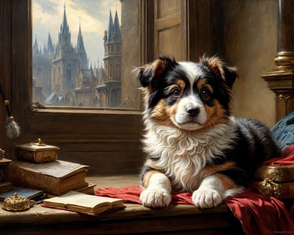 Fluffy Puppy on Red Velvet in Ornate Setting
