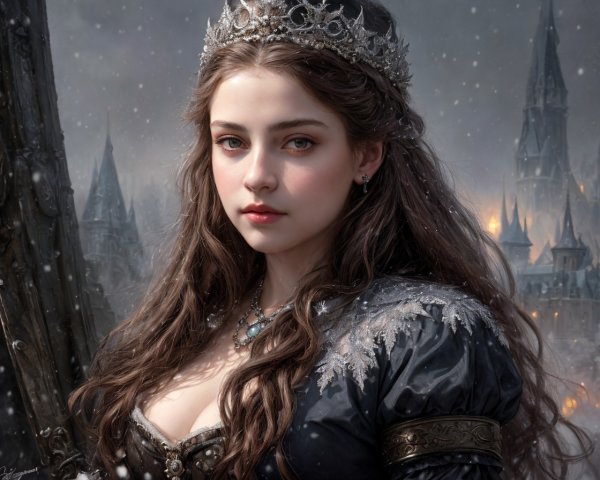 Regal woman in crown and gown against snowy medieval backdrop