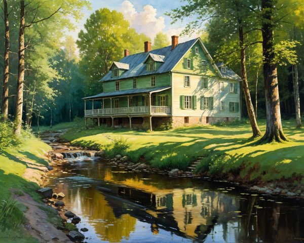 Serene countryside scene with green cottage and stream