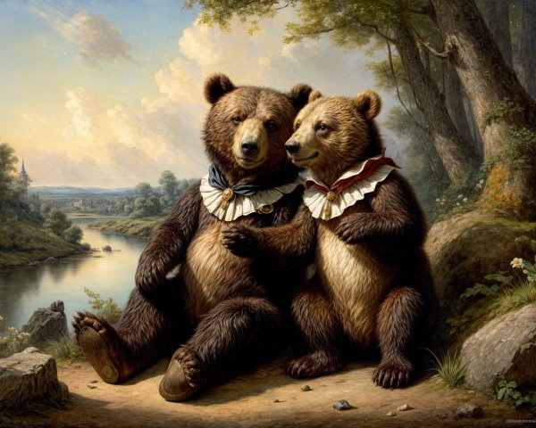 Bears by a Riverbank in Stylish Ruffled Collars