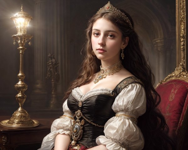 Historical woman in jeweled attire by candelabra in ornate interior