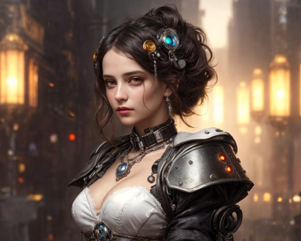 Elaborate steampunk outfit with metallic shoulder armor and glowing lights