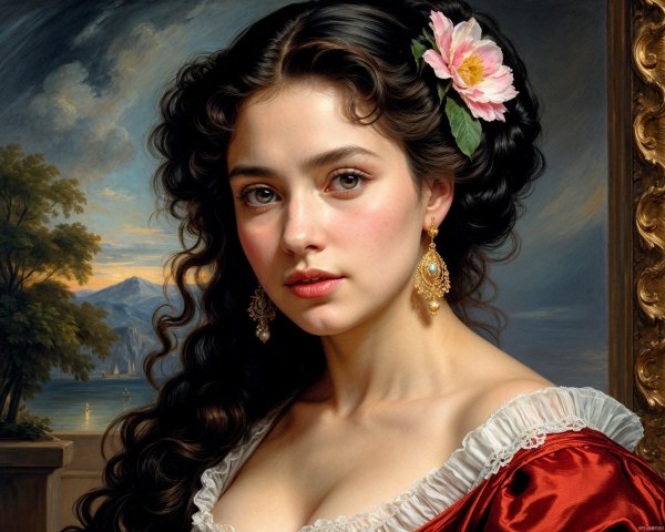 Portrait of a Young Woman in a Red Gown with Nature