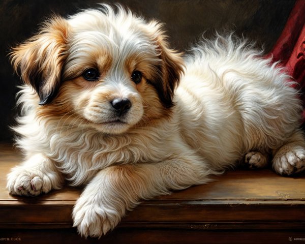 Fluffy Golden and White Puppy on Wooden Surface
