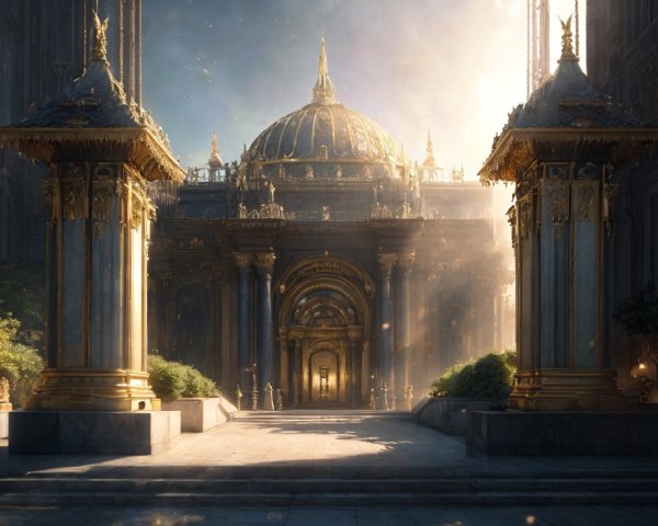 Ornate Fantasy Cathedral with Towering Columns and Dome