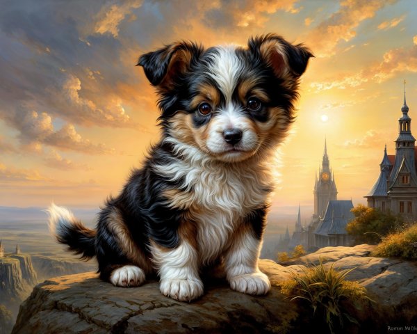 Fluffy Puppy on Rocky Outcrop at Sunset with Castle