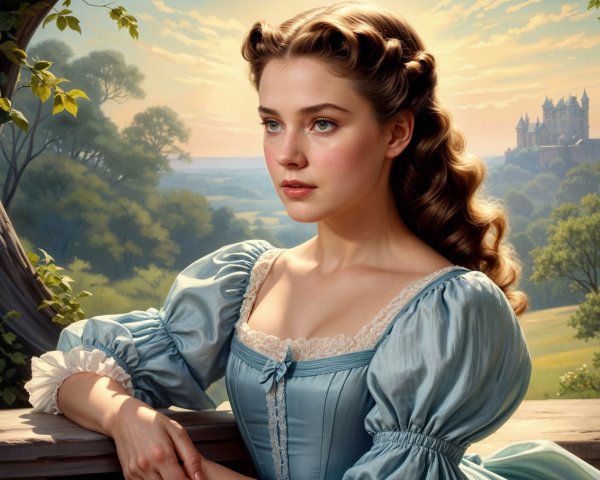 Young woman in blue gown with castle backdrop