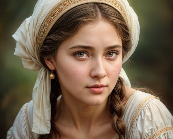 Young woman in headscarf with serene expression