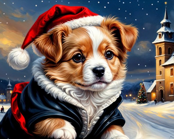 Puppy in Santa Hat Amidst Holiday Decorations