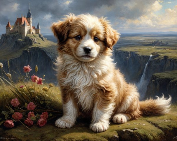 Fluffy Golden-Brown Puppy in Colorful Flower Landscape