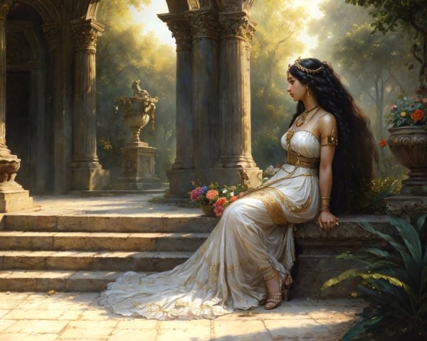 Pensive woman in classical attire at ancient ruins with sunlight and statue