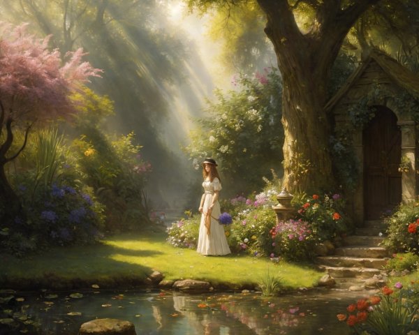 Woman in white dress by pond in garden with flowers and cottage
