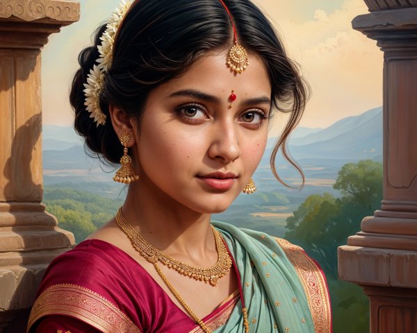 Young Woman in Traditional Indian Saree with Jewelry