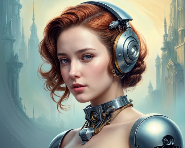 Futuristic Female Figure in Ethereal Cityscape