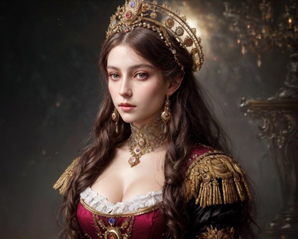 Woman in Royal Red Dress with Crown and Jewelry