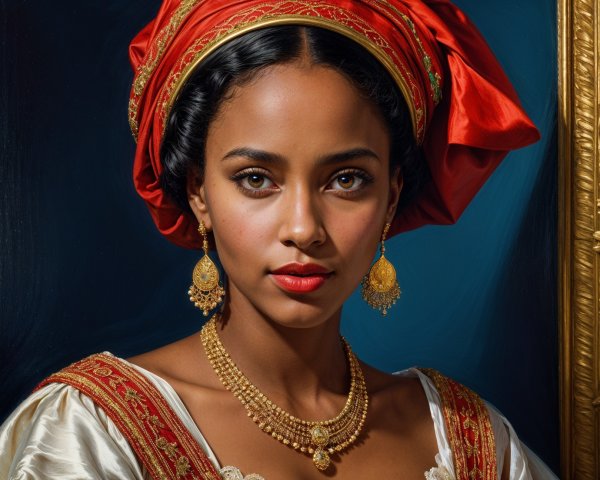 Young Woman in Traditional Red and Gold Attire