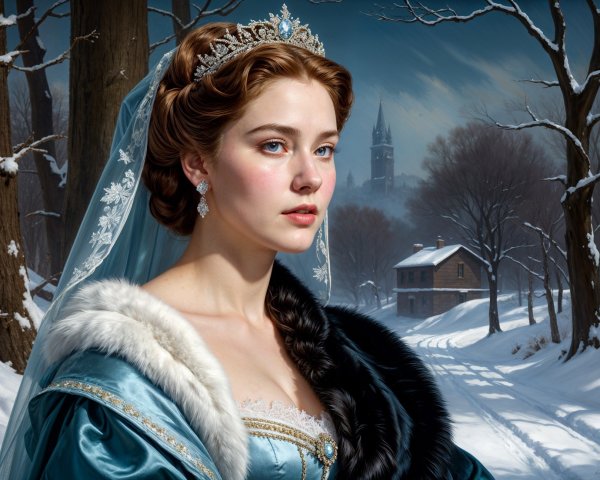 Young Woman in Ice-Blue Gown in Snowy Landscape