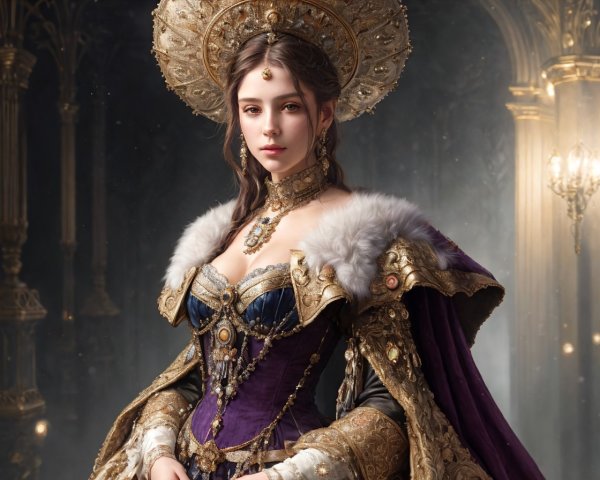Regal Woman in Gold and Purple Gown in Luxurious Hall