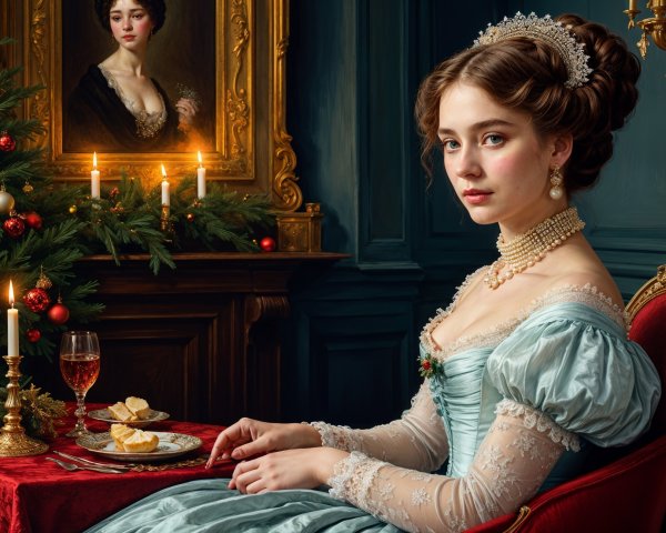 Elegant Room with Young Woman in Blue Gown