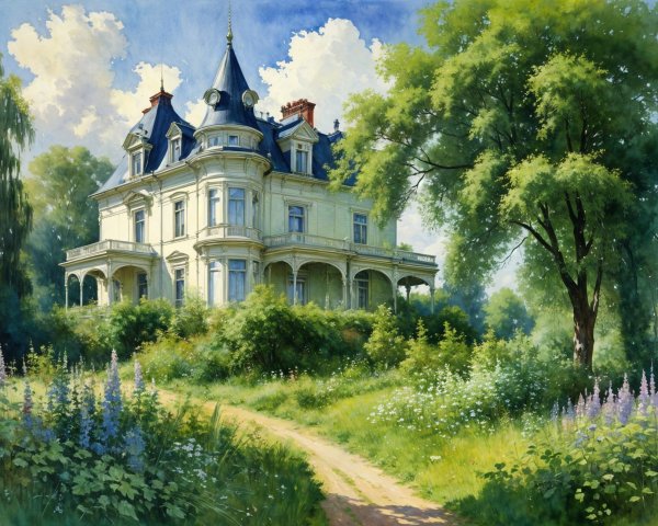 Victorian-style mansion in a vibrant landscape setting