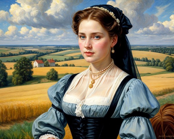 18th-Century Woman in Elegant Blue Dress and Landscape