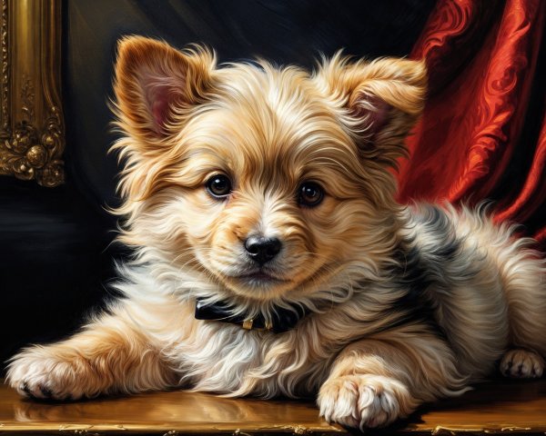 Fluffy Golden Puppy on Decorative Surface with Rich Textures