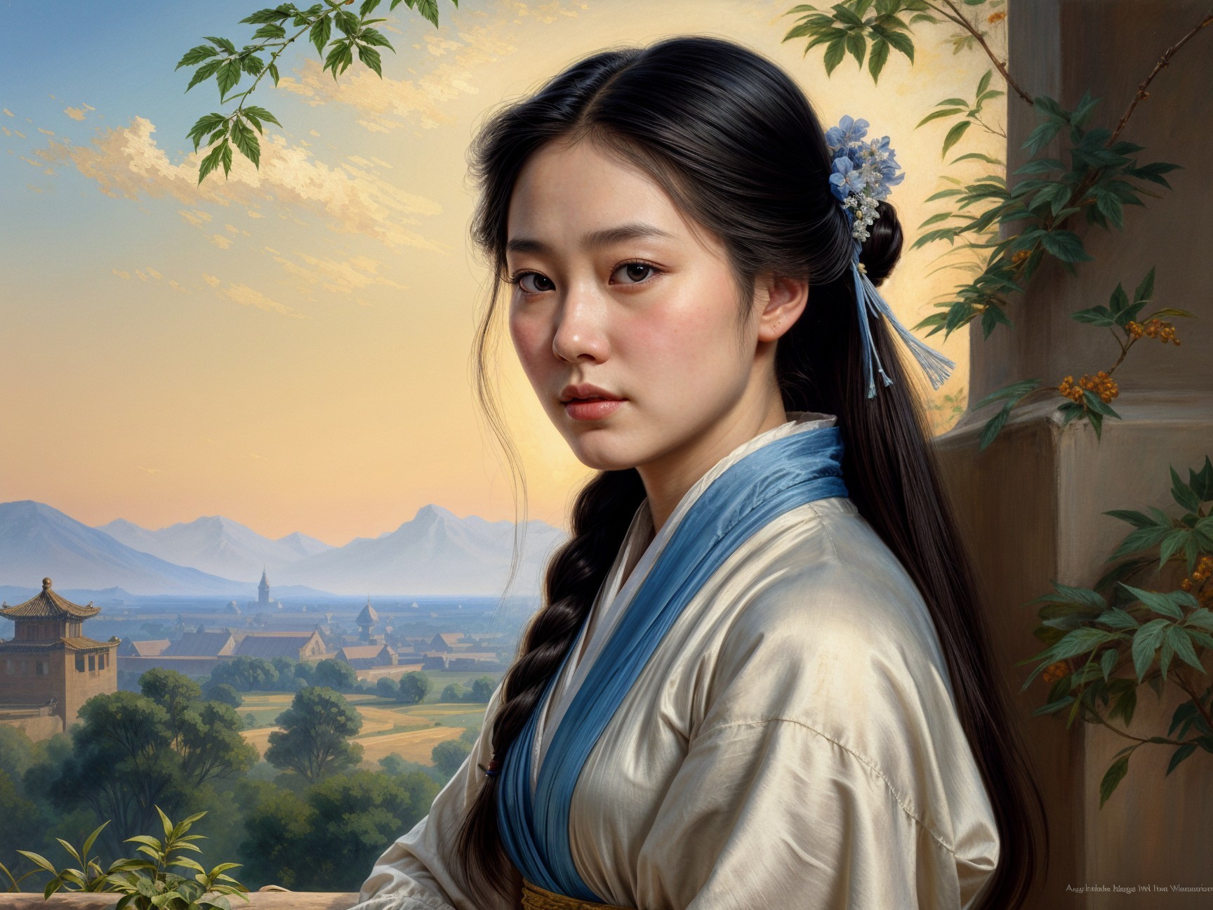 Young woman in traditional East Asian garment at sunset