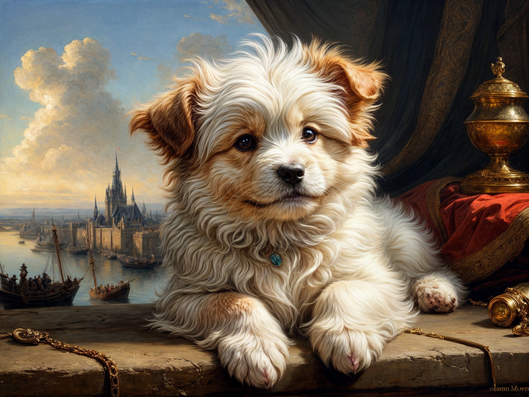 Fluffy Puppy on Wooden Surface with Scenic Background