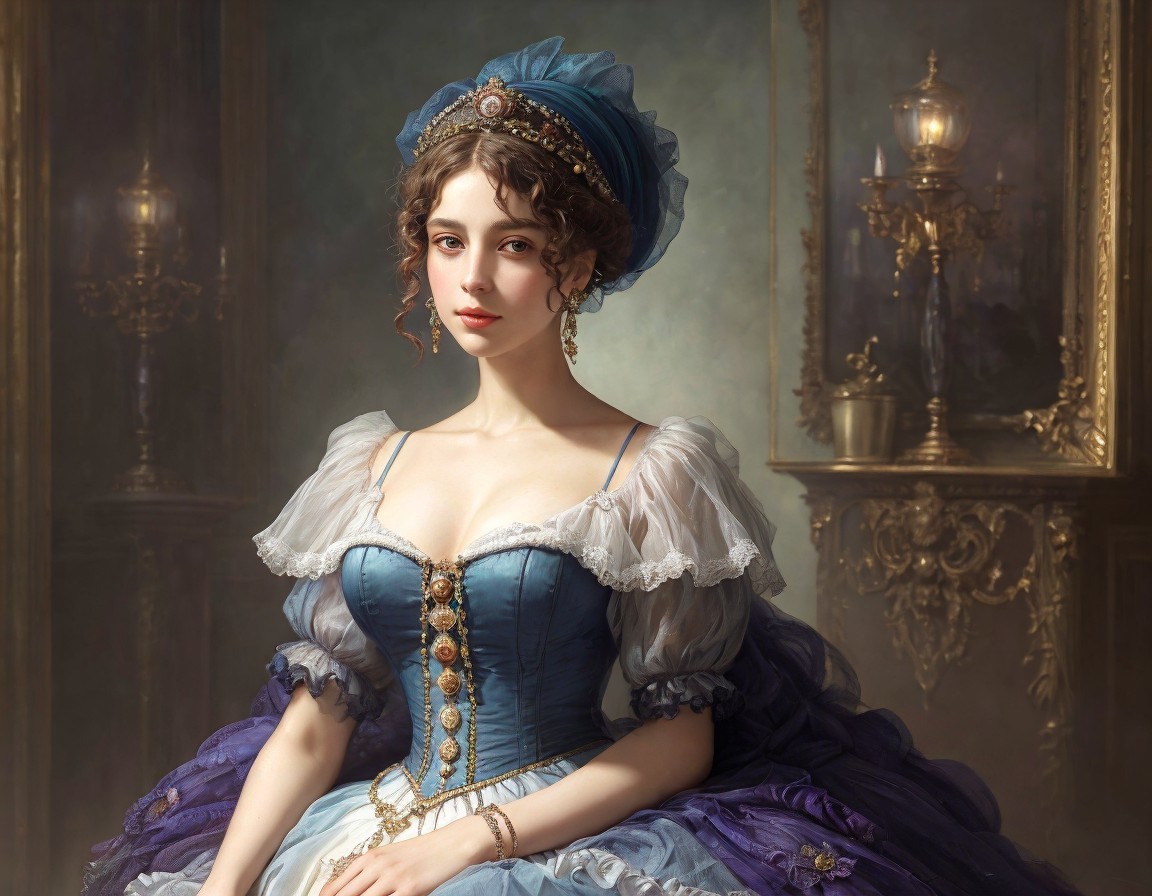 Historical woman in blue dress and hat beside lamp-lit wall