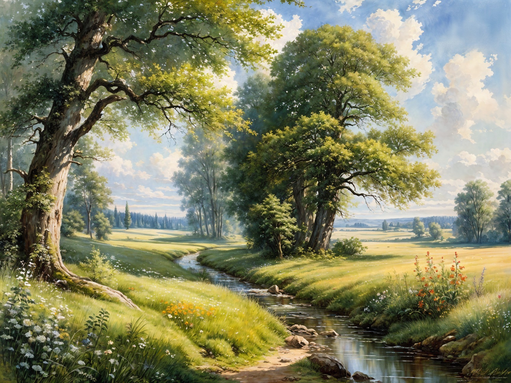 Serene Landscape with Stream and Wildflowers