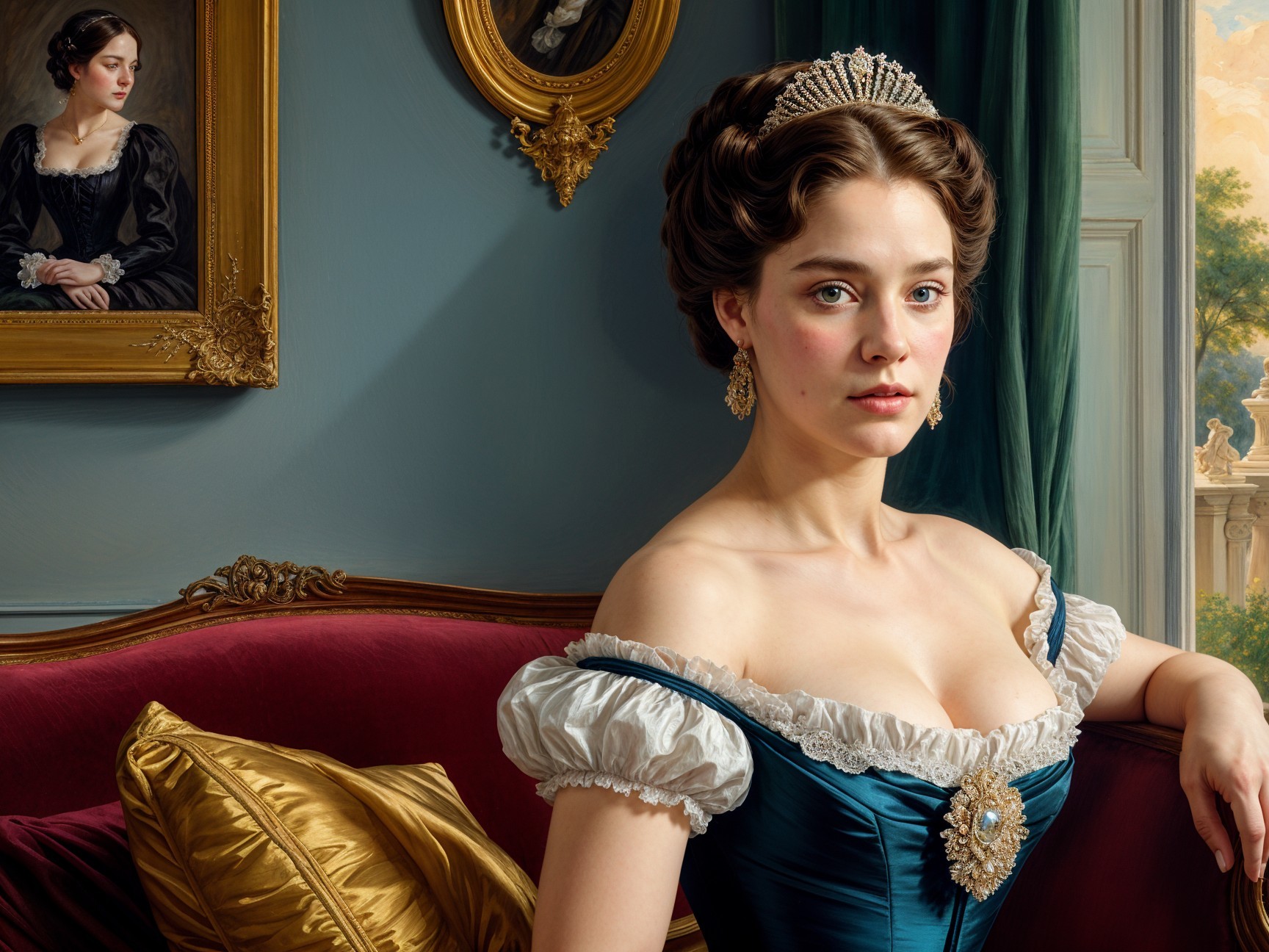 Regal woman in blue gown seated on red sofa