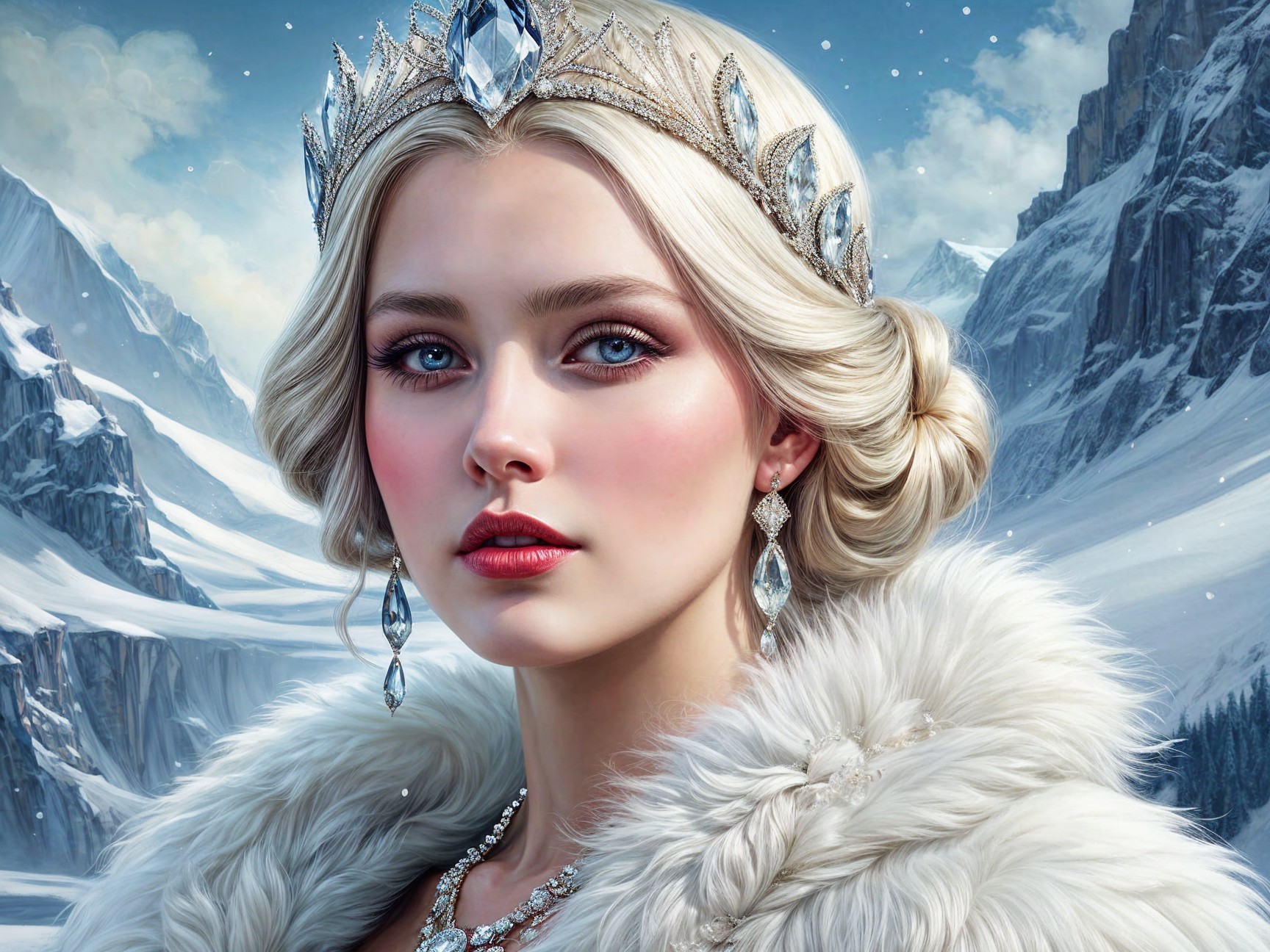 Regal figure in crown with snowy mountain backdrop